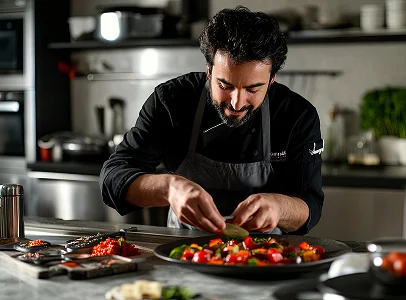 Chef barbu en tablier noir garnissant un plat de légumes colorés à Suresnes près de Nanterre en Hauts-de-Seine 92