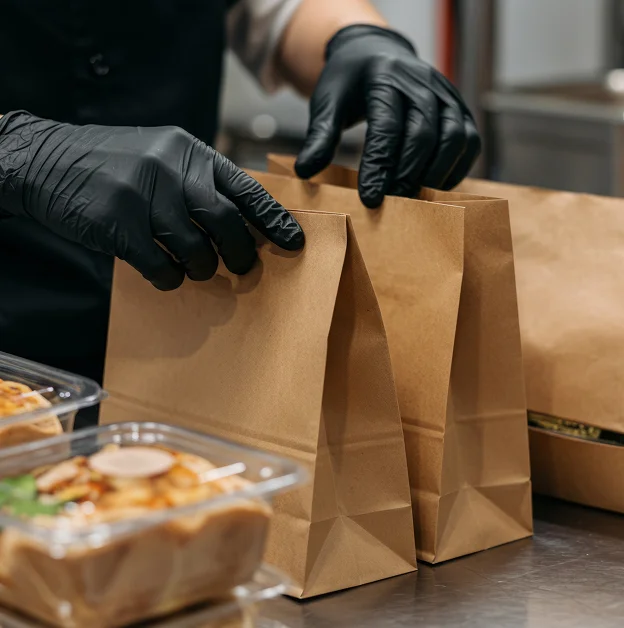 Mains gantées noires scellant des sacs en papier brun avec des repas à emporter à Suresnes près de Nanterre dans les Hauts-de-Seine 92