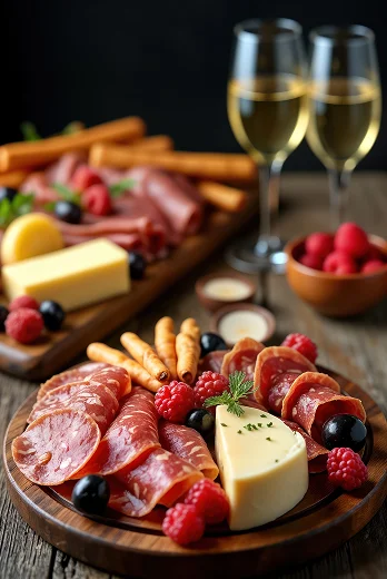 Plateau de charcuterie et fromages avec framboises, olives, gressins et vin blanc à Suresnes près de Nanterre dans les Hauts-de-Seine 92