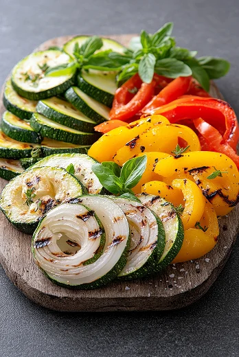 Légumes grillés colorés : courgettes, oignons, poivrons rouges et jaunes, avec du basilic frais à Suresnes près de Nanterre dans les Hauts-de-Seine 92