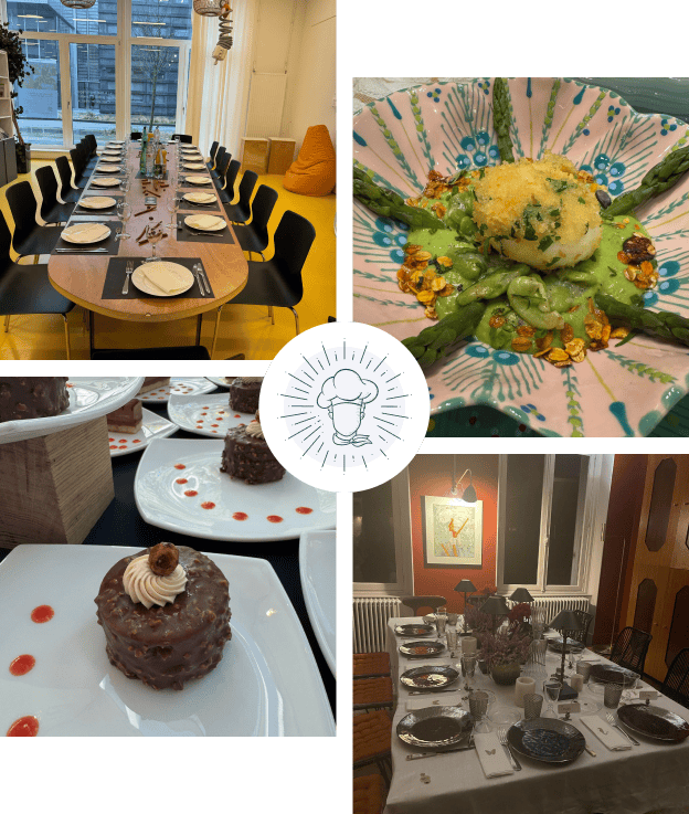 Collage : tables dressées, plat d'asperges, desserts au chocolat, logo de chef à Suresnes près de Nanterre dans les Hauts-de-Seine 92